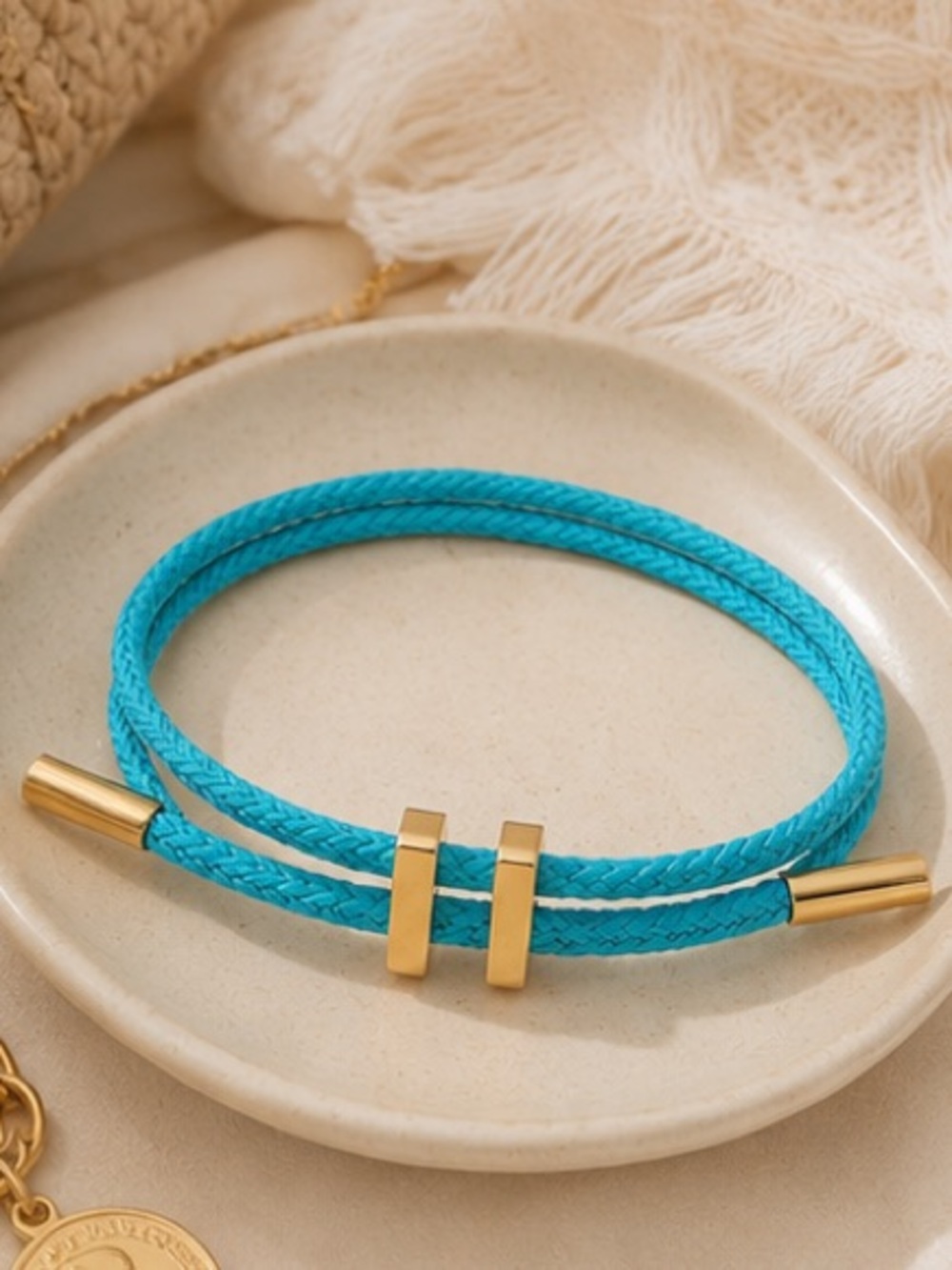 Turquoise Double Cord Bracelet – Gold Tone